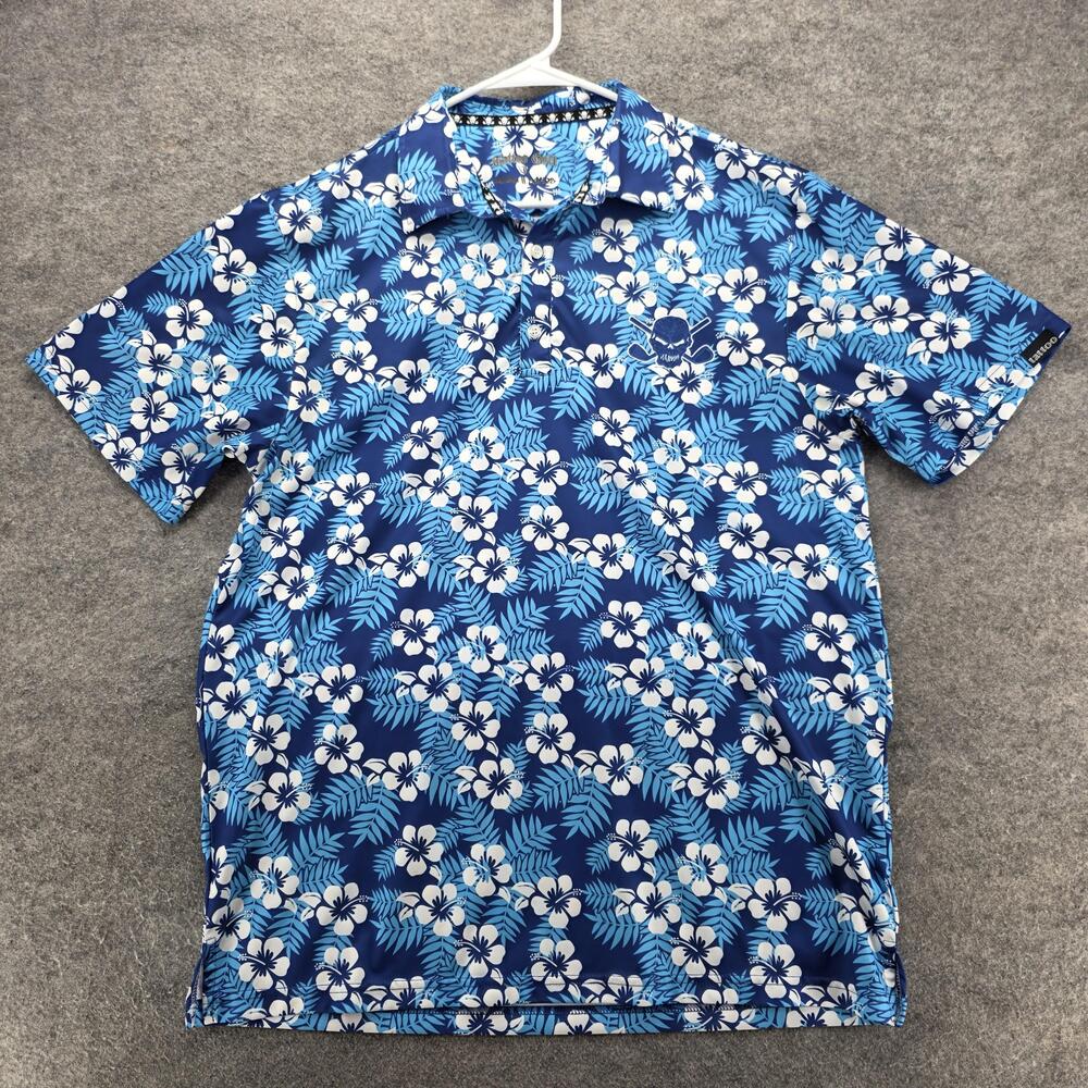 Tattoo Golf Polo Shirt Mens Large Blue Aloha II Series Hawaiian Floral Skull